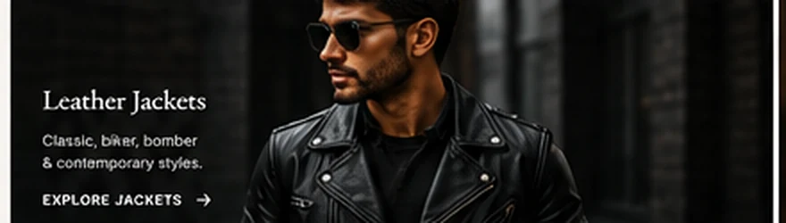 Black leather jacket worn by a model