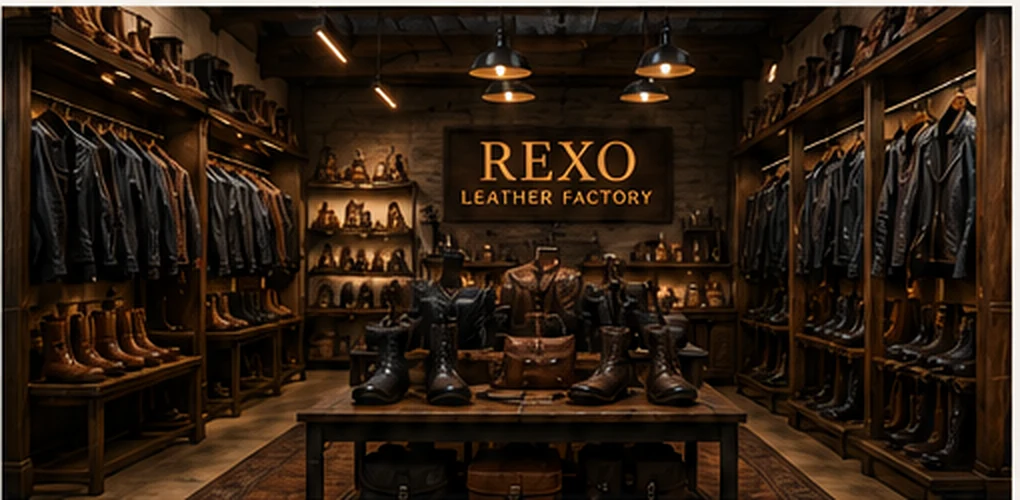 Leather store interior with jackets and leather goods on display